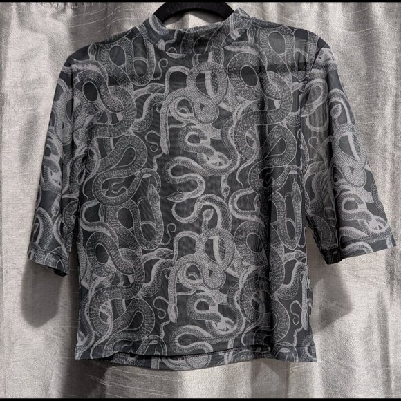 Disturbia Serpente Print Mesh Short Sleeve Crop Top - Picture 2 of 10